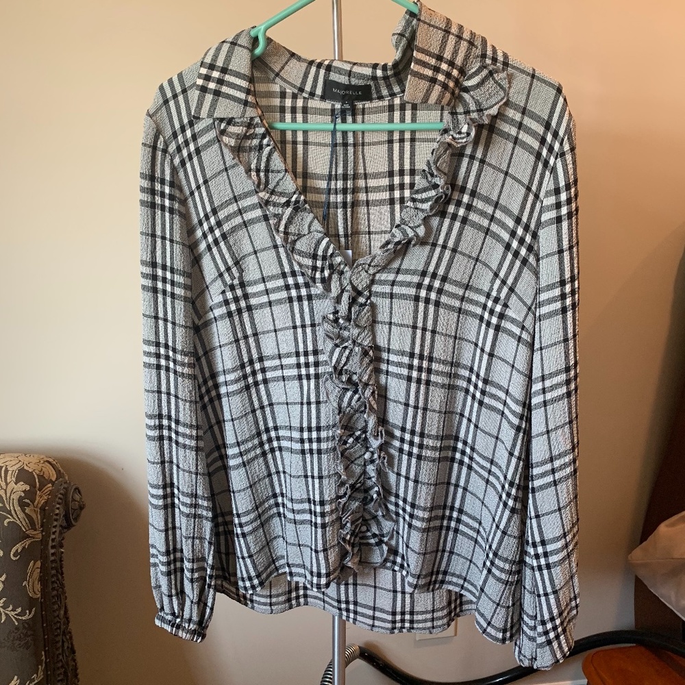 Gray Plaid Ruffled Blouse